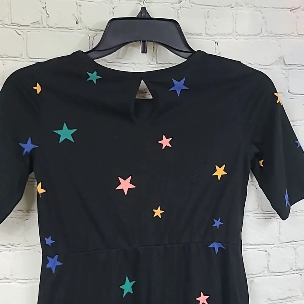 Old Navy Star Print Dress Girls Large 10/12 Black Skater Fit & Flare Casual Cool